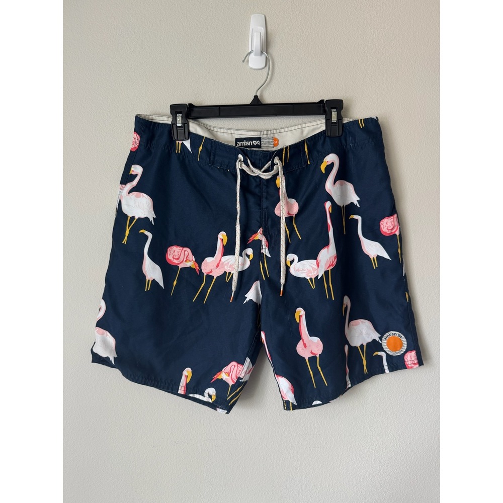 Ambsn California Mens Navy Blue Flamingo Print Board Shorts Swim Trunks‎ Size 34